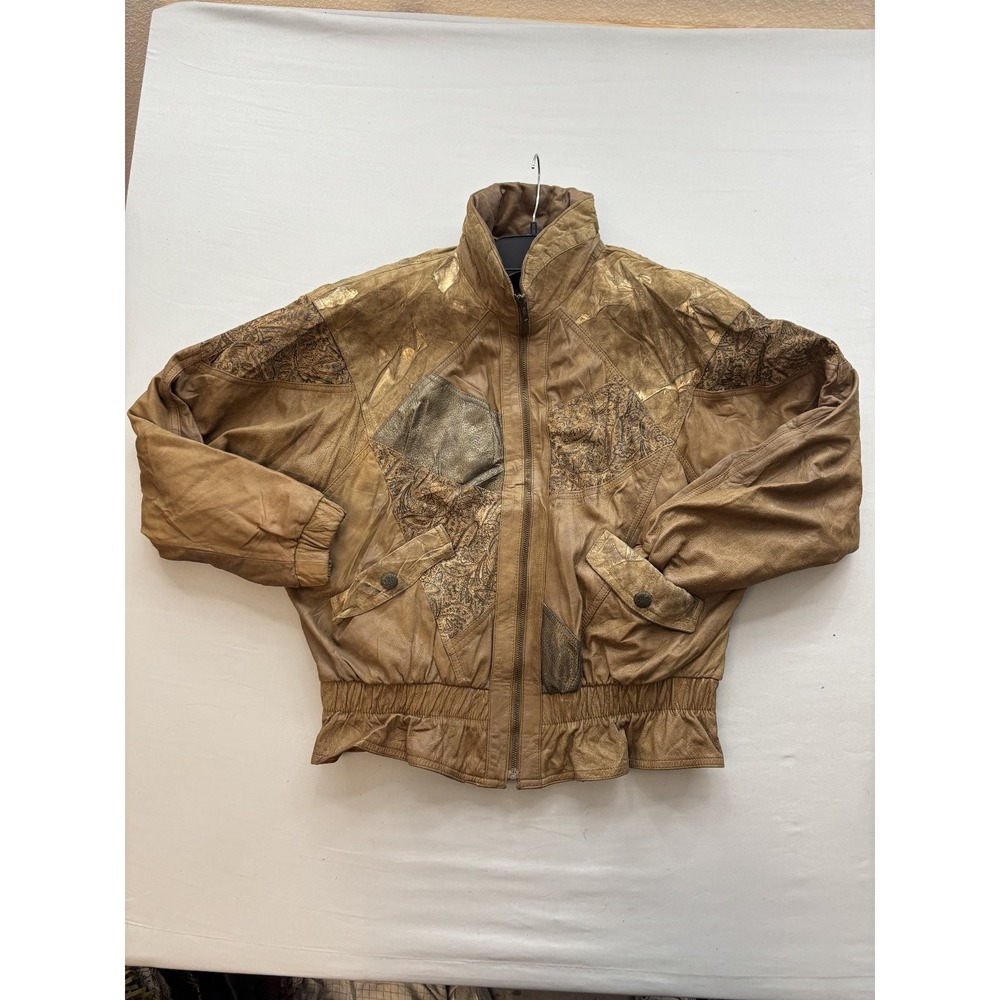 Winlit Vintage Womens Bomber Leather Jacket Brown Gold Embossed Zip Pockets M